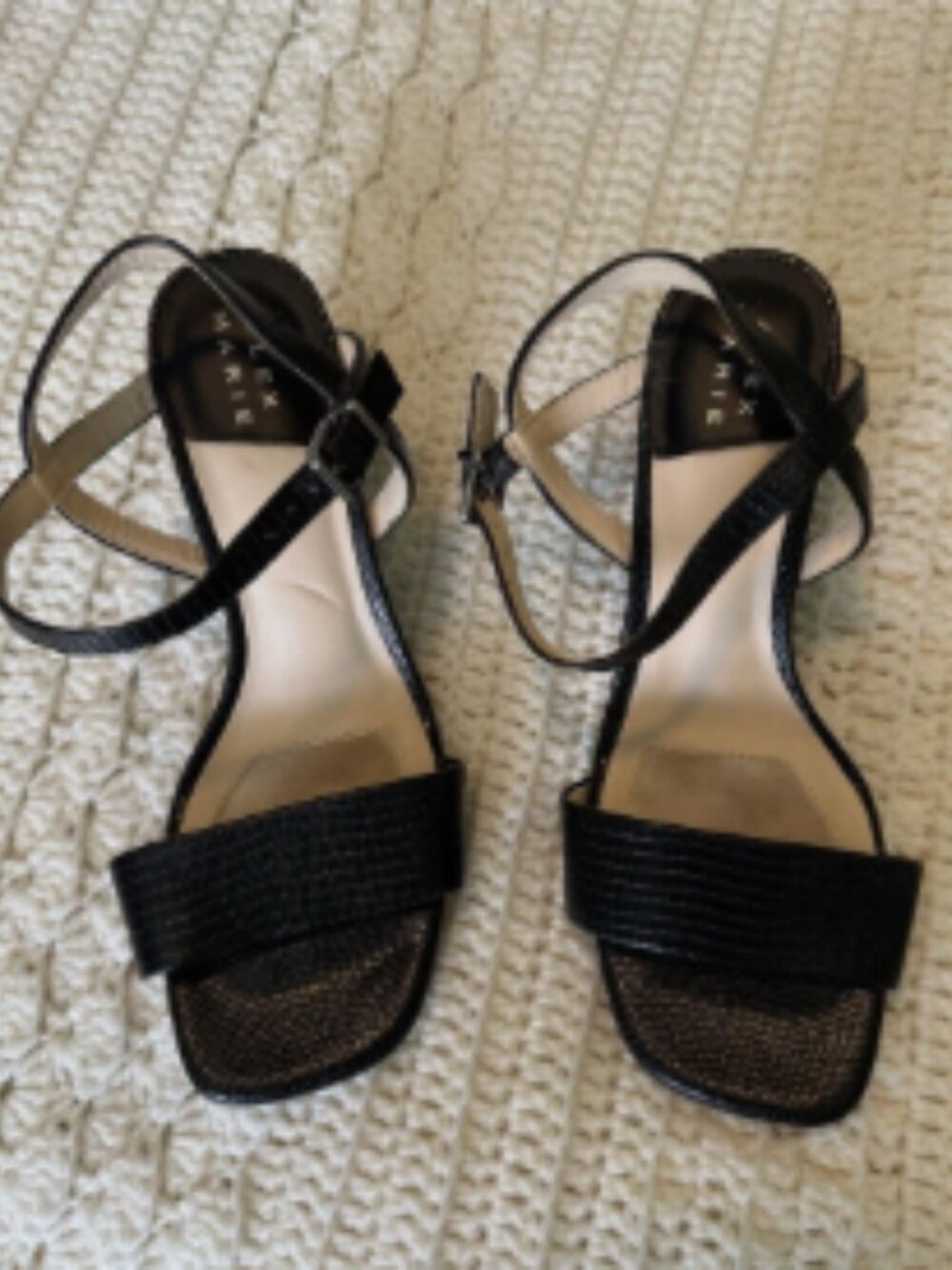 Alex Marie Black Strappy Ankle Strap Buckle Open Toe Block Heel Sandals
